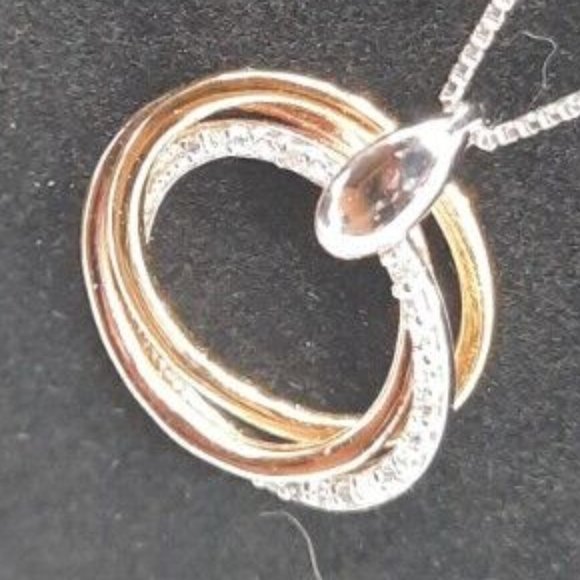 Estate Macy's Diamond Tri-Color 14K gold over/SS Circle Infinity Necklace - Picture 4 of 8